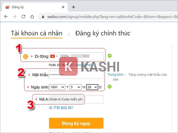Điền thông tin đăng ký Weibo