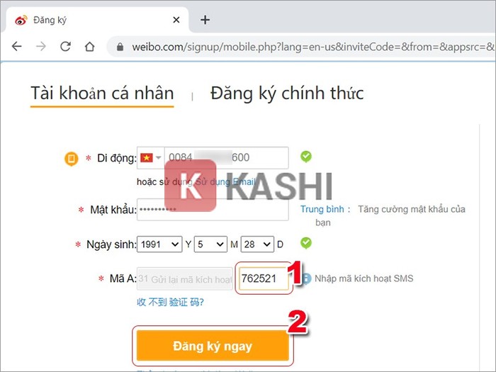 Xác nhận đăng ký Weibo