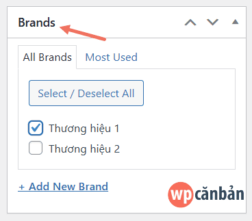 Mô tả: Mục Thương hiệu trong trang chỉnh sửa sản phẩm WooCommerce