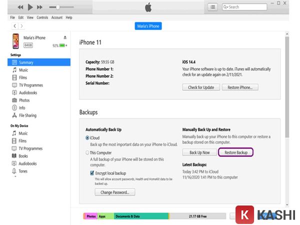 Khôi phục sao lưu từ iTunes