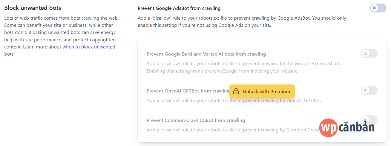 Alt text: Mục Block Unwanted Bots trong cài đặt Crawl Optimization