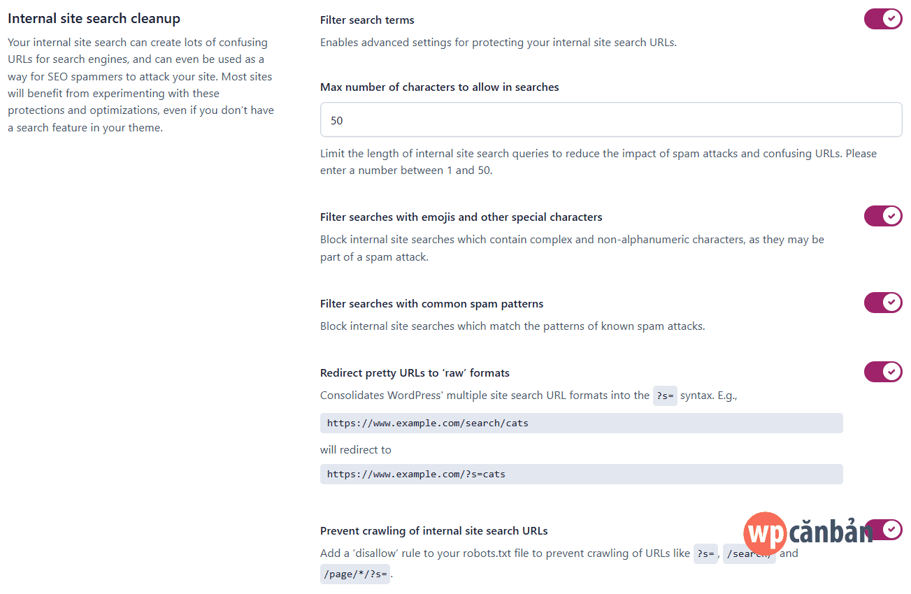 Alt text: Mục Internal Site Search Cleanup trong cài đặt Crawl Optimization